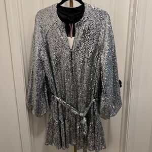 NWT Alex Marie Silver Sequin V-Neck Long Sleeve Tie Waist Mini Dress - Size 16
